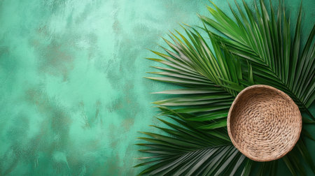 A vibrant green backdrop highlights a stylish arrangement of palm leaves beside a woven basket perfect for tropical decor.の素材