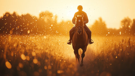 A horseback rider traverses a sunlit field surrounded by soft golden light and sparkling particles in the air evoking a serene atmosphere.の素材
