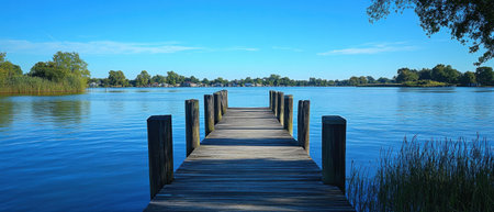 A tranquil wooden dock extends over still water surrounded by lush greenery under a clear blue sky evoking peace and relaxation.の素材