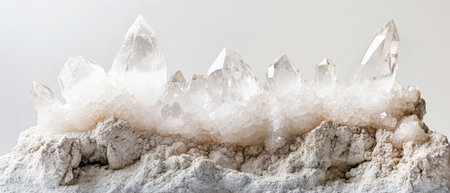 A stunning arrangement of quartz crystals emerges from a mineral base showcasing their clarity and intricate shapes against a neutral background.の素材