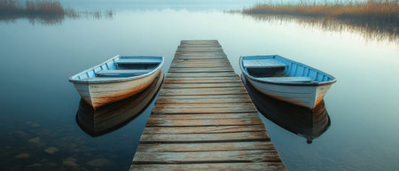 Two boats rest peacefully at a wooden dock beside a tranquil lake surrounded by misty waters and tall reeds under soft morning light.の素材