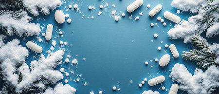 A creative composition features white pills scattered on a blue surface among decorative snowflakes and evergreen twigs symbolizing winter wellness.の素材