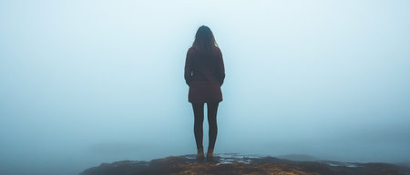 A silhouette of a person stands on a rocky outcrop enveloped in dense fog creating a mysterious and serene atmosphere at dawn.の素材