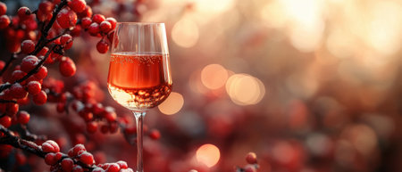 A glass of sparkling drink rests near vibrant winter berries creating a warm atmosphere during the chilly season.の素材