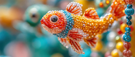 A vibrant fish ornament made of beads showcases intricate craftsmanship at a local craft fair attracting attention with its detailed design.の素材