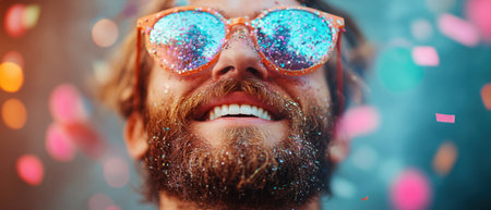 A man smiles broadly while wearing vibrant sunglasses surrounded by shimmering confetti and glitter during a festive event.の素材