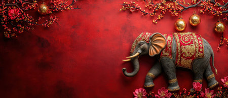 A beautifully adorned elephant stands against a rich red background surrounded by floral patterns and ornaments evoking a festive atmosphere.の素材