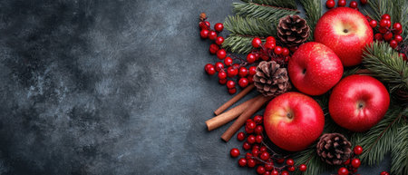 A vibrant composition featuring red apples pine cones and seasonal berries evoking a warm holiday spirit on a dark background.の素材