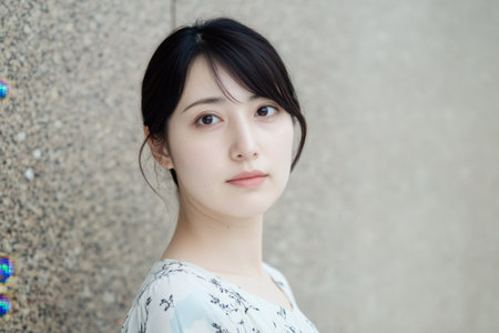 A young woman stands in a soft pose against a textured wall showcasing her natural beauty and calm demeanor in a serene setting.の素材
