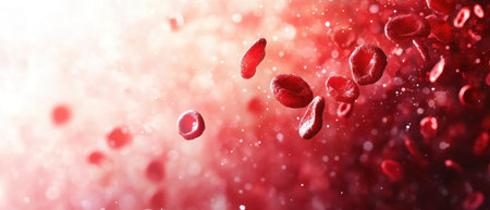 Red blood cells are prominently displayed swirling in a dynamic motion against a soft blurred red background showcasing their structure.の素材