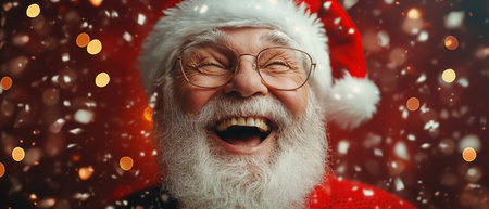 A joyful Santa Claus laughs heartily as snowflakes fall around him embodying the festive spirit of Christmas celebrations.の素材