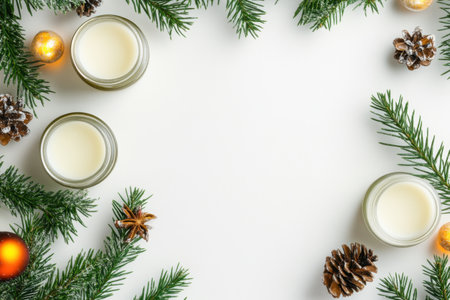 Four candles surrounded by pine branches pine cones and ornaments create a cozy winter atmosphere for the holiday season.の素材