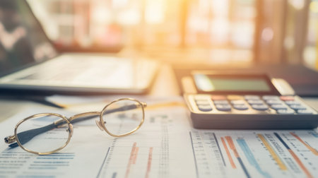 A calculator rests next to glasses and financial documents as sunlight streams into a modern office indicating a busy work environment.の素材