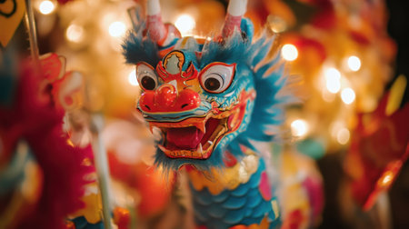 A colorful dragon decoration captures attention at a vibrant festival showcasing intricate details amidst a backdrop of festive lights.の素材