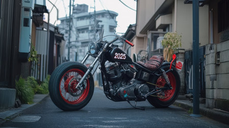 A classic motorcycle rests against a building in a serene alley showcasing its unique design and vibrant colors on a sunny day.の素材