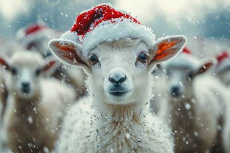 A charming young lamb donned in a festive Santa hat stands amidst a snowy landscape surrounded by fellow sheep during winter.の素材