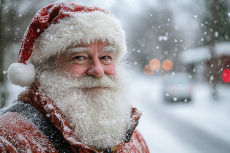A cheerful man dressed as Santa Claus smiles amidst falling snowflakes in a festive winter setting creating a magical holiday atmosphere.の素材