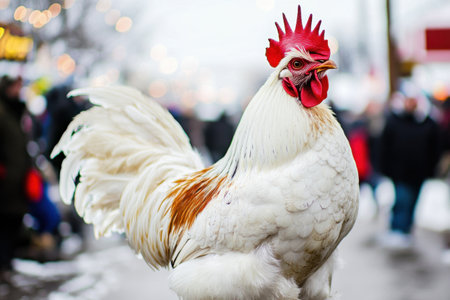 A striking white rooster with colorful feathers struts through a bustling crowd during a chilly winter day at a festive market.の素材