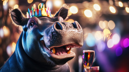 A cheerful hippo dons a colorful crown while enjoying a drink at a lively party with sparkling lights in the background.の素材