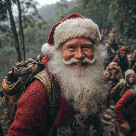 A joyful man dressed as Santa smiles warmly at a gathering of hikers in a forest showcasing camaraderie and holiday spirit in nature.の素材