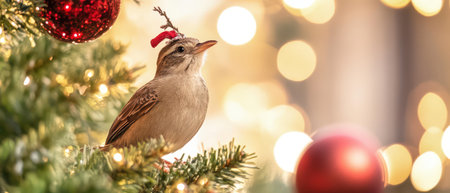 A small bird perched on a Christmas tree adorned with colorful ornaments and warm lights creating a joyful holiday atmosphere.の素材