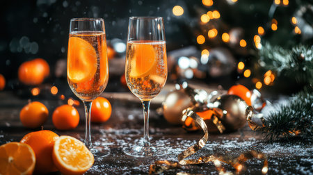Sparkling drinks in elegant glasses are surrounded by festive decor oranges and holiday lights creating a cheerful Christmas atmosphere.の素材