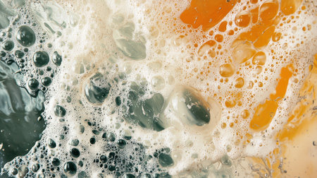 Colors blend together as bubbles and foam rise in a dynamic mix of liquids showcasing a lively and textured display of frothy patterns.の素材