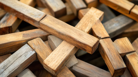 A collection of wooden blocks scattered in various directions. The blocks vary in size and shade creating a natural rustic look.の素材