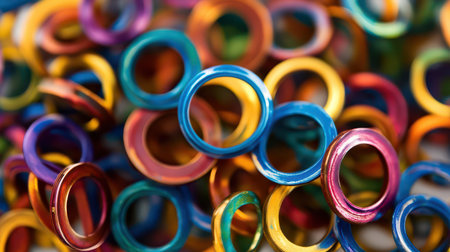 Brightly colored metallic rings display a variety of hues overlapping and blending to create an eye catching abstract design.の素材