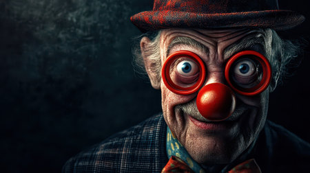An elderly clown poses for the camera showcasing a large red nose big round glasses and a colorful bow tie set against a dark background.の素材