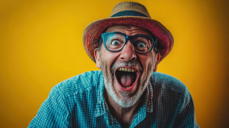 A cheerful man wearing a straw hat and glasses expresses excitement with a wide smile against a vibrant yellow backdrop.の素材
