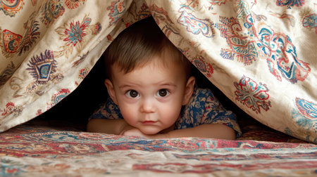 A baby rests on a colorful rug gazing curiously from beneath a patterned blanket fort in a cozy room.の素材