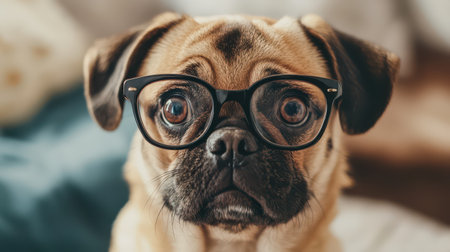 A pug dog with large expressive eyes is wearing glasses showcasing its adorable and inquisitive personality in a cozy indoor setting.の素材