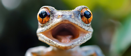 A colorful frog with striking orange eyes sits amidst lush greenery its mouth open as if calling out. Inspiration from natures beauty.の素材