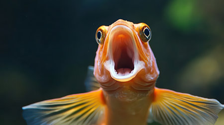 A vibrant goldfish with an open mouth swims in clear water showcasing its bright orange color and detailed fins in a lively aquarium setting.の素材