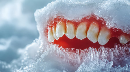 A set of teeth is partially buried in snow with frost surrounding them creating a striking contrast against the white landscape.の素材