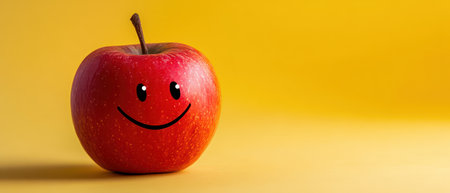 A cheerful red apple featuring a smiley face is set against a vibrant yellow backdrop highlighting its fresh and joyful appearance.の素材