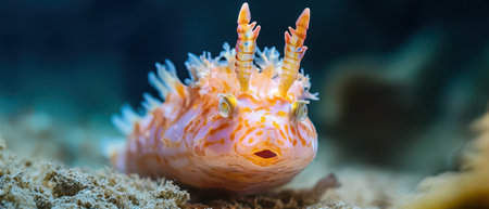 A colorful fish with horn like features swims gracefully over sandy ocean floor. Its vivid patterns contrast with the underwater environment.の素材