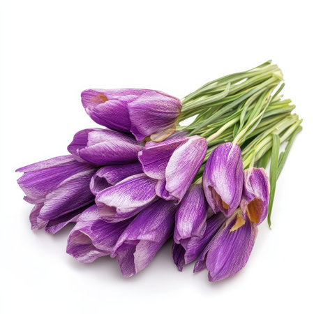 A bunch of vivid purple tulips with elegant petals showcases natural beauty against a plain background perfect for spring decoration.の素材