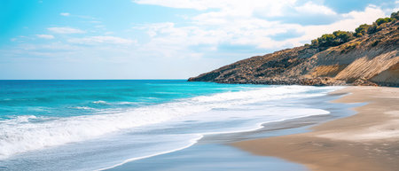 Gentle waves lap against a sandy shore as bright sunlight illuminates the tranquil beach surrounded by picturesque hills.の素材