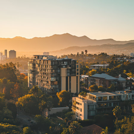 Golden sunlight illuminates modern buildings and lush greenery showcasing a vibrant urban area at sunset with distant mountains.の素材