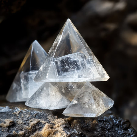 Clear quartz crystals in pyramid shapes rest on a textured rock surface reflecting light and showcasing their natural beauty.の素材