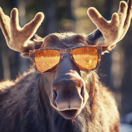 A moose stands in a forest wearing stylish sunglasses showcasing a humorous and playful vibe amidst the tranquil trees and nature.の素材