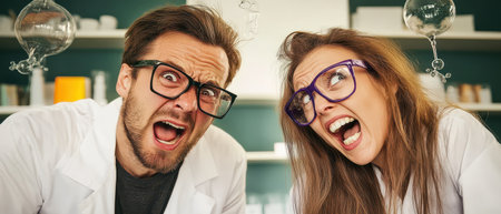 Two scientists with glasses show expressions of shock and excitement while conducting a chemistry experiment in a lab setting.の素材