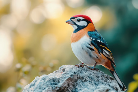 A vibrant bird rests on a rock showcasing bright plumage. Its surroundings are soft and blurred hinting at a serene outdoor setting.の素材