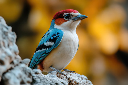 A vibrant bird with red and blue plumage sits on a rock against a backdrop of soft autumn colors showcasing its unique features.の素材