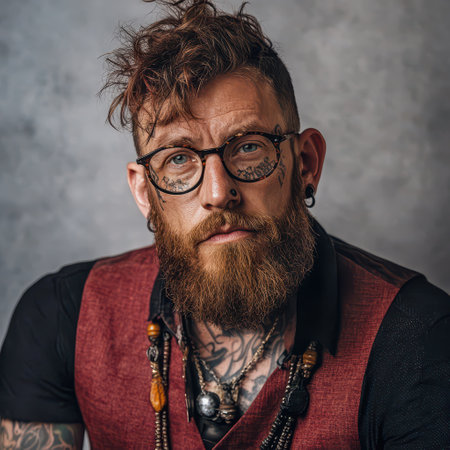 A man with a curly beard and tattoos poses confidently wearing stylish glasses and a vest showcasing a unique personal style.の素材