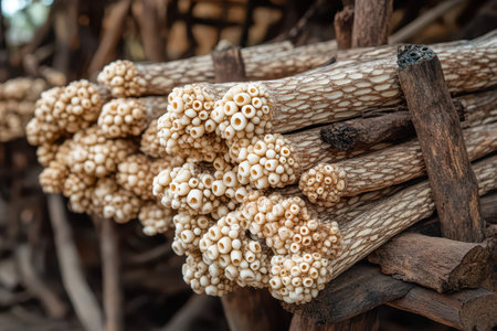 Stacks of wooden sticks adorned with natural small growths display an intriguing blend of textures and colors in natural light.の素材
