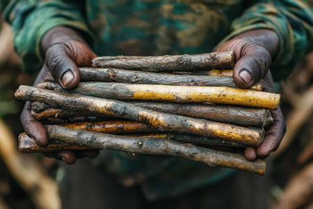 A person with dark hands presents a collection of firewood sticks in a forest environment while wearing camouflage clothing.の素材