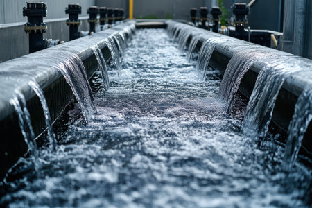 Water cascades through a sleek drainage system in an industrial setting during daylight showcasing clear rushing streams.の素材